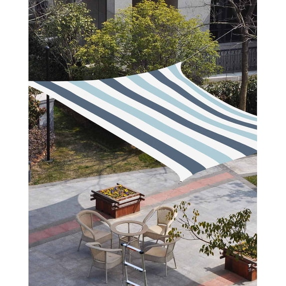 Blue Aqua Striped Sun Shade Sail 12'x16' Rectangle Outdoor Shade Canopy, Farmhouse Stripe Art Porch Shades Outdoor Sun Blocking Screen, Sunshade Cloth Covers for Patio/Deck/Garden