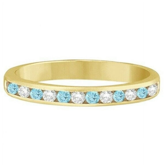 Blue Aquamarine CZ Diamond Semi-Eternity Channel Ring Band 925 Sterling Silver Yellow Gold Plated Gemstone Jewelry For Women Gift By KIRAN FINE JEWELS