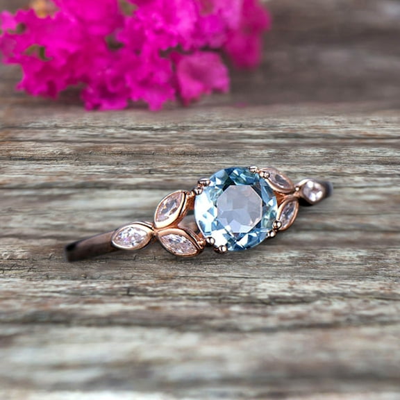 Blue Aquamarine Engagement Ring 1.25 Carat Round Cut Unique Design Stunning Look 10k Rose Gold