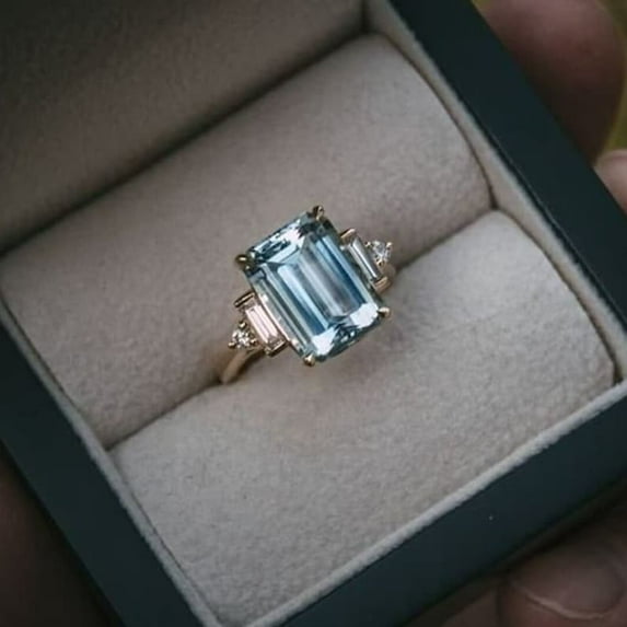 Blue Aquamarine Engagement Ring March Birthstone Jewelry Aquamarine Diamond Ring, Emerald Cut Aquamarine Ring Sterling Silver Ring