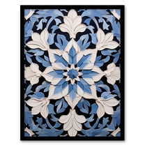 Blue Arabesque Flower Design Ornate Symmetrical Floral Pattern Art Print Framed Poster Wall Decor 12x16 inch