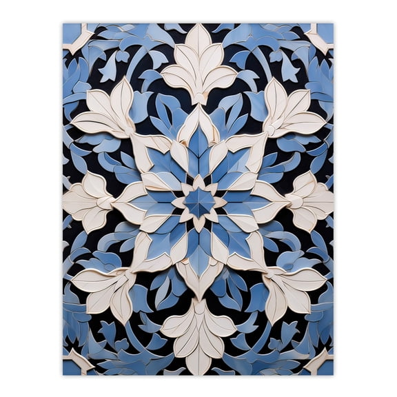 Blue Arabesque Flower Design Ornate Symmetrical Floral Pattern Unframed Wall Art Print Poster Home Decor Premium