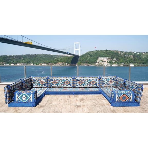 Blue Arabic Floor Sofa Set, U Shaped, Terrace Sofa, Ethnic Sofa, Patio Sofas, Moroccan Sofas, Turkish Sofa, Floor Cushions
