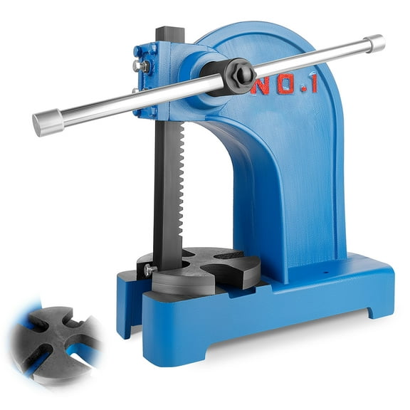 Blue Arbor Press Machine, Manual Press Machine, Arbor Press, 1 Ton Load, Cast Iron Build, 5.5in Work Height, targeting Punch Holes, Shaping, Deform