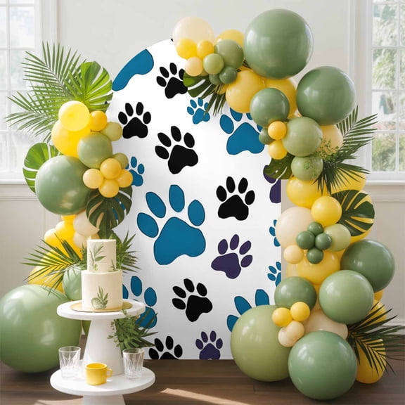 Blue and Arch Backdrop Cover, 6FT, Black Dog Paw Print Spandex Arch Covers Double-Sided Backdrop for Wedding Birthday Party Photo Background Decoration