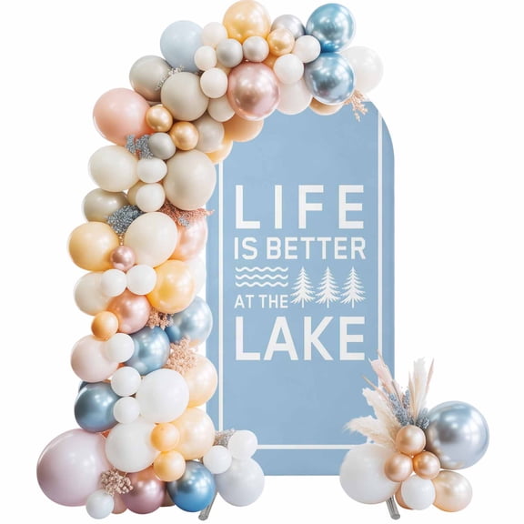 Blue Arch Backdrop Cover, Spandex Fitted Wedding Arch Cover, Mountain Forest Tree Life Is Better at The Lake Round Top Stand Covers for Birthday Ceremony Bridal Shower Party Decor 7.2x4 Ft