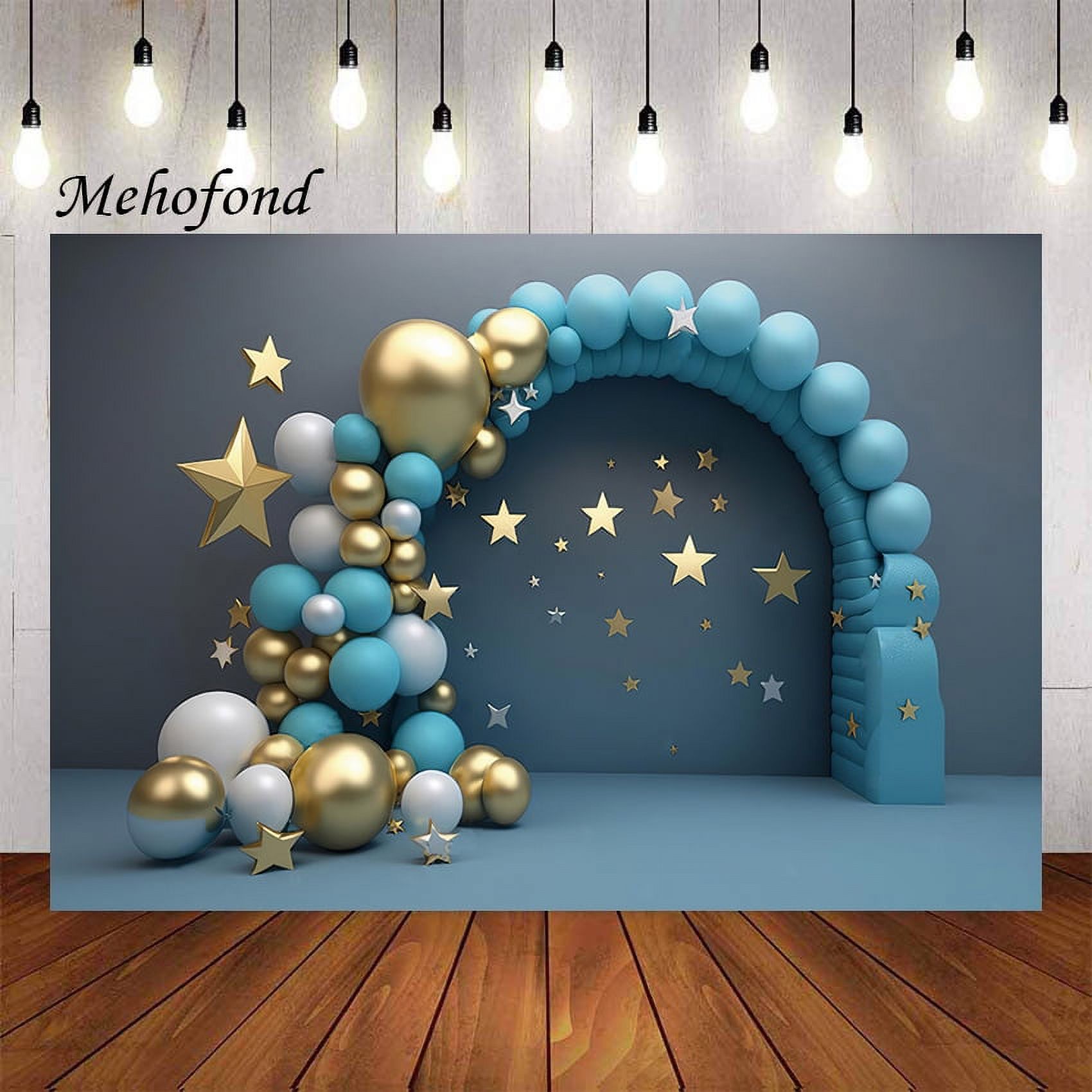 Blue Arch Balloon Gold Stars Boy Birthday Party Cake Smash Portrait r ...