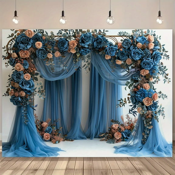 Blue Arch Floral Curtain Wedding Ceremony Backdrop Blue Orange Roses Engagement Bridal Shower Photography Background Drapes for Wedding Decorations Fiancee Girls Birthday Party Photo Studio Props