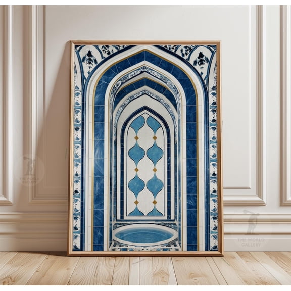 Blue Arch Hammam Poster, Geometric Tile Pattern, Mediterranean Style Wall Art, Poster Only