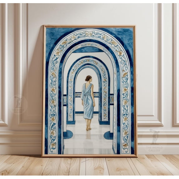 Blue Archway Poster Woman Corridor Scene Mediterranean Style Art Home ...