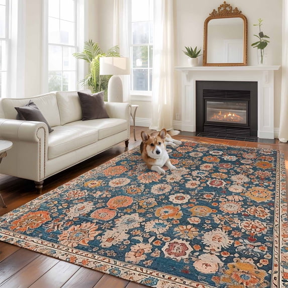 Blue Area Rug 5x8 FT, Non Slip Bedroom Throw Carpet, Ethnic Modern Geometric Abstract Art Washable Soft Floor Carpet Non-Shedding Rug for Living Room Nursery Dorm Office