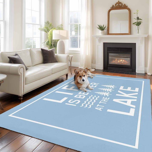 Blue Area Rug 5x8 FT, Non Slip Bedroom Throw Carpet, Mountain Forest Tree Life Is Better at The Lake Washable Soft Floor Carpet Non-Shedding Rug for Living Room Nursery Dorm Office