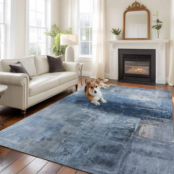 Blue Area Rug 5x8 FT, Non Slip Bedroom Throw Carpet, Retro Oil Painting Modern Abstract Art Aesthetics Washable Soft Floor Carpet Non-Shedding Rug for Living Room Nursery Dorm Office