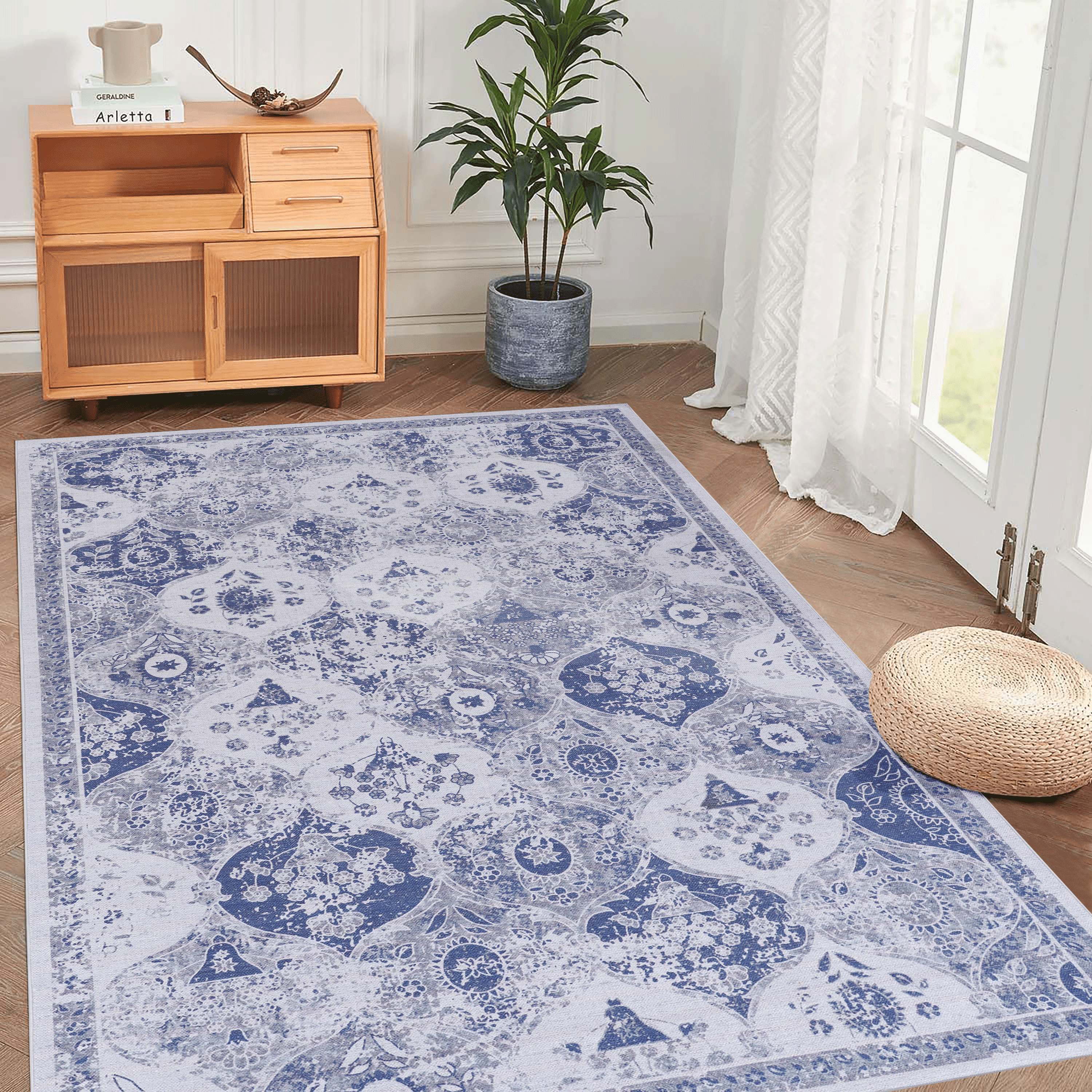 Blue Area Rug 5x8, Washable Low-Pile Non-Slip Non-Shedding Foldable Rug, Kid & Pet Friendly Indoor Floor Mat for Living Room Bedroom Kitchen