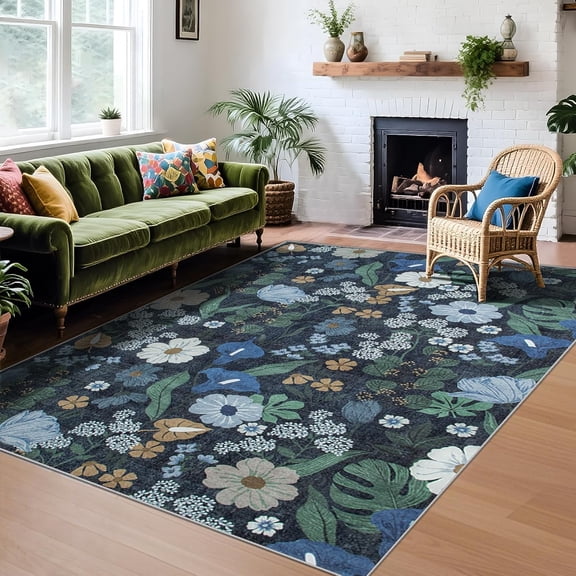 Blue Area Rug Living Room Rugs, Vintage Floral Soft Boho Non Slip Carpet Indoor Floor Non Shedding Low Pile Thin Carpets for Bedroom Dining Room Farmhouse Nursery Home Office 5x6ft