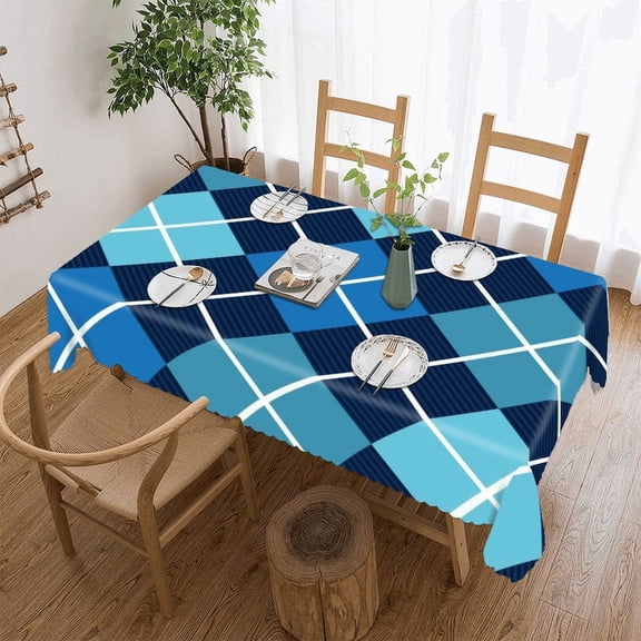 Blue Argyle Harlequin Tartan Rectangular Tablecloth 55"x70" with Lace Edge, Washable Durable Table Cover for Dining, Indoor Outdoor Home Restaurant Decor