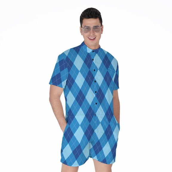 Blue Argyle Pattern Short Sleeve Men'S Rompers, Checkered Caro Plaid Tartan Casual Summer Jumpsuits Outfit
