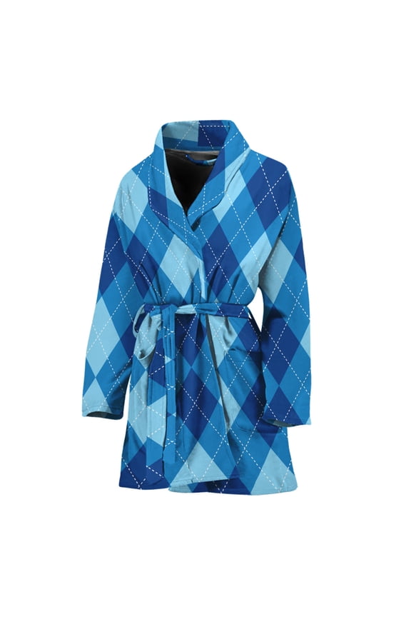 Blue Argyle Pattern Women Bathrobe One Size Univeral Fits, Checkered Caro Plaid Tartan Fashion Lightweight Plush Fleece Long Robe For Women