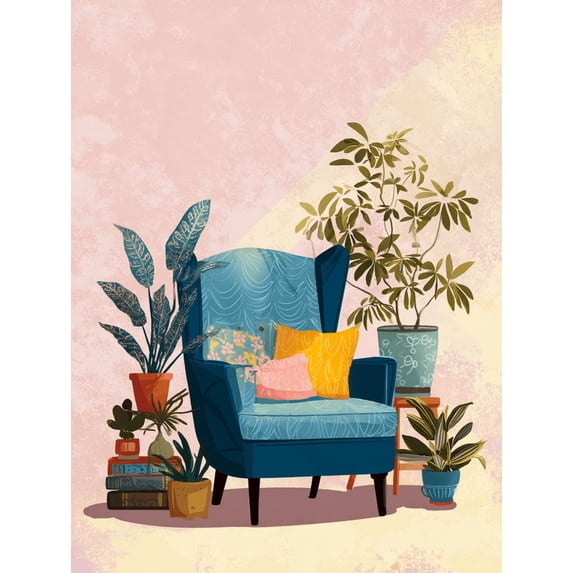 Blue Armchair with Plants Canvas Print, Wall Decor for Living Room Bedroom Office Cafe Lounge