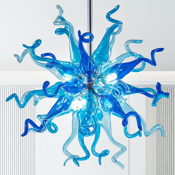 Blue Art Deco Hand Blown Glass Chandelier 20" Dia, Modern Ceiling Light Fixture with G4 Bulbs, Elegant Pendant Lighting for Dining Room, Foyer, Entryway, Living Room