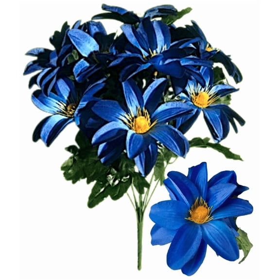 Blue Artificial Dahlia Bush 12 Stems, 4.5" Jumbo Flowers, 17" Faux Floral Bush for Cemetery Arrangements, Wedding & Home Decor