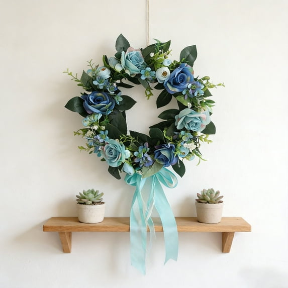 Blue Artificial Flower Wreath, 12.6" Artificial Rose Wreath, Valentine's Day Simulation Rose Flowers with Ribbon Hanging, Home Front Door Wreath