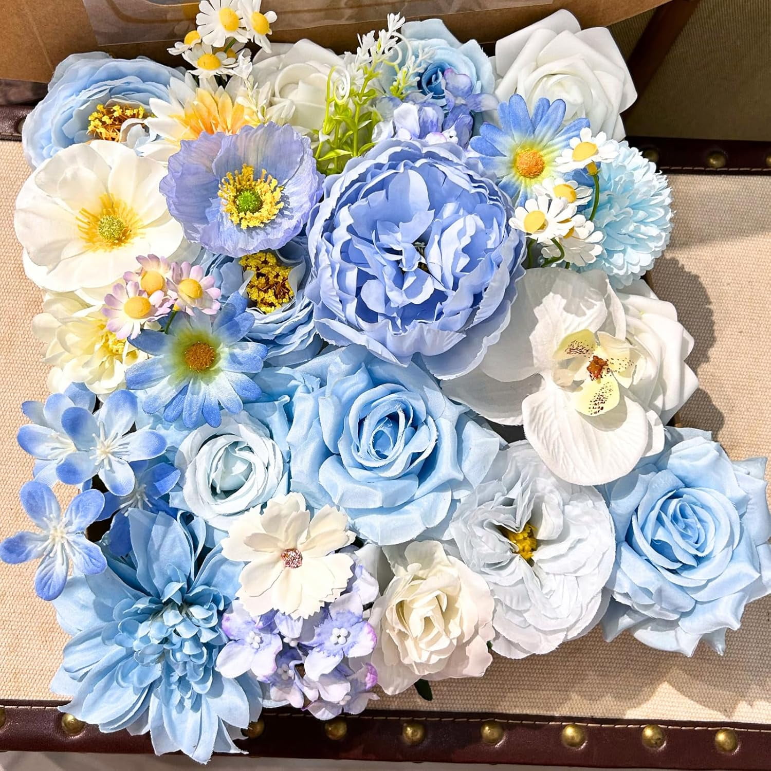 Blue Artificial Flowers Combo Box Set, Baby Blue Silk Peonies Dahlia Roses with Stems for DIY Bridal Wedding Bouquets Baby Shower Floral Arrangements Centerpiece Table Party Home Decorations