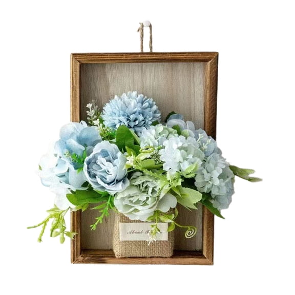 Blue Artificial Hanging Peony Hydrangea Flowers With Wooden Frame 9X6 Inch Faux Pothos Plant Wall Decor For Living Room Bedroom Office