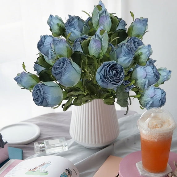 Blue Artificial Rose Bouquet – 6 Pack Plastic Fake Roses for Wedding Centerpiece Home Decor Photo Props Small Fresh Style Faux Flowers