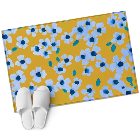 Blue Artwork Floral Entryway Rug 2x3 Area Rug Washable Indoor Doormat Small Bathroom Rugs Non-Slip Low Pile Accent Throw Rugs Abstract Art Botanical Yellow Floor Carpet for Kitchen Bedroom Entrance