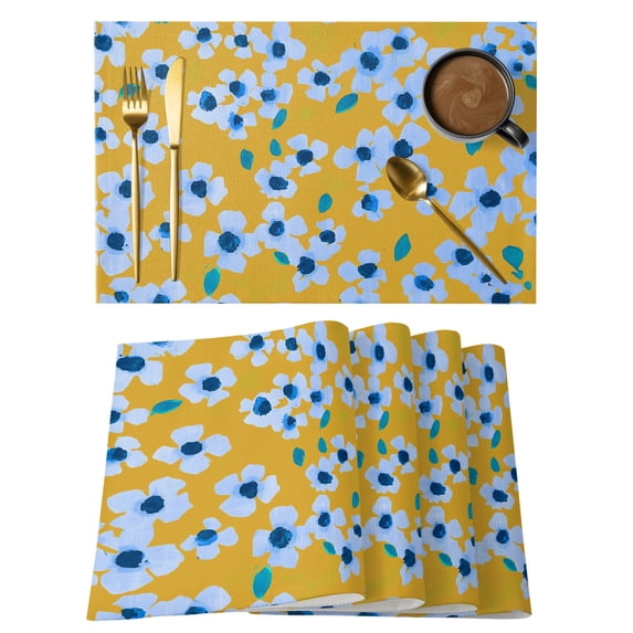 Blue Artwork Floral Placemats Set of 12 Abstract Art Botanical Yellow Place Mats Indoor Wipeable Table Mats Washable Cloth Dining Table Placemats for Kitchen Holiday Party Home Decor 13x19 Inch