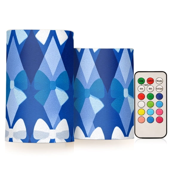 Blue Astract Pattern with Bows Flickering Flameless Candles LED Tealight Battery Operated with Remote Set of 2 Holiday Decor Ornaments