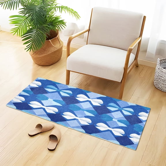 Blue Astract Pattern with Bows Plush Carpet Non Slip Runner Rug Absorbent Bath Mat 39" x 20"