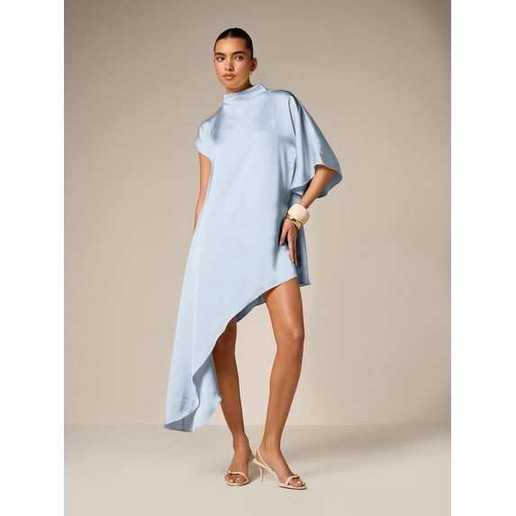 Blue Asymmetrical Drape Mini Dress With High Mock Neck And Short Sleeves Elegant Evening Guest Wear