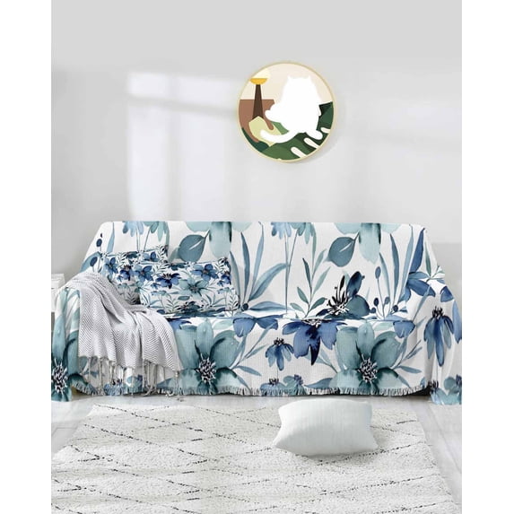 Blue Autumn Flower Sofa Covers for 3 Cushion,Washable Couch Cover for Sectional Sofa Slipcovers with Tassel,Watercolor Fall Botanical Leaf Loveseat Covers Futon Cover Throw Blanket 71''x118''
