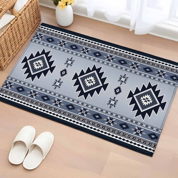 Blue Aztec Bathroom Mats 2x3 FT, Non Slip Small Kitchen Mat, Boho Southwest Farmhouse Ethnic Motifs Washable Soft Backed Front Door Throw Rugs Non-Shedding Indoor Outdoor Doormat for Entryway Sink