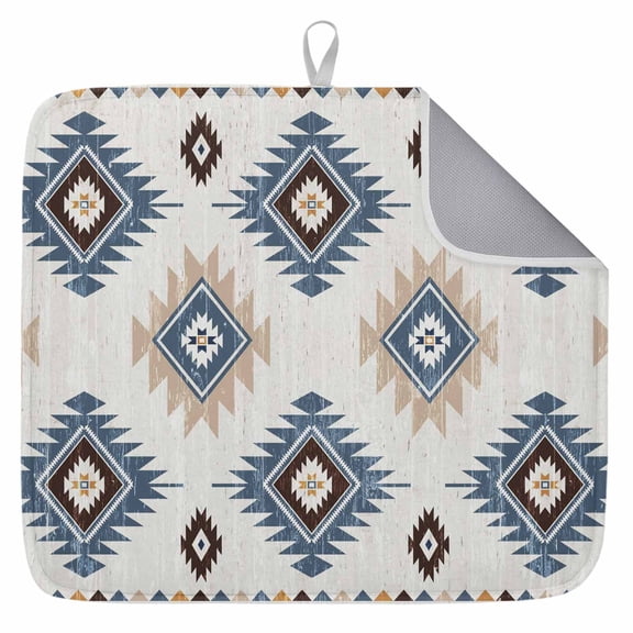 Blue Aztec Dish Drying Mat for Kitchen Counter,Southwest Boho Tribe Abstract Geometric Art Dish Mat Drying Kitchen Mat for Sink Fridge Drawer Dishes Drainer Mats Microfiber Drying Pad 1pcs 16"x18"