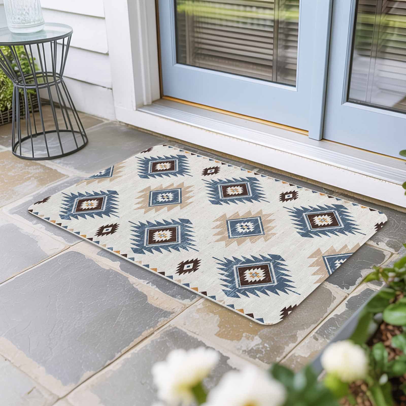 Blue Aztec Door Mat Indoor Outdoor, Southwest Boho Tribe Abstract ...