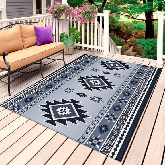 Blue Aztec Outdoor Rug 5x8 Ft, Non Slip Washable Area Rug, Boho Southwest Farmhouse Ethnic Motifs Patio Rugs Carpet Runner, Large Floor Mat for Indoor/Outdoor Deck Porch Camping