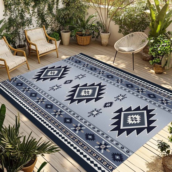Blue Aztec Outdoor Rug 5x8 Ft - Reversible Patio Rug Outdoor Camping Rugs, Boho Southwest Farmhouse Ethnic Motifs Washable Indoor Outdoor Area Rugs, Non-Slip Outdoor Carpet Runner for Deck/Porch
