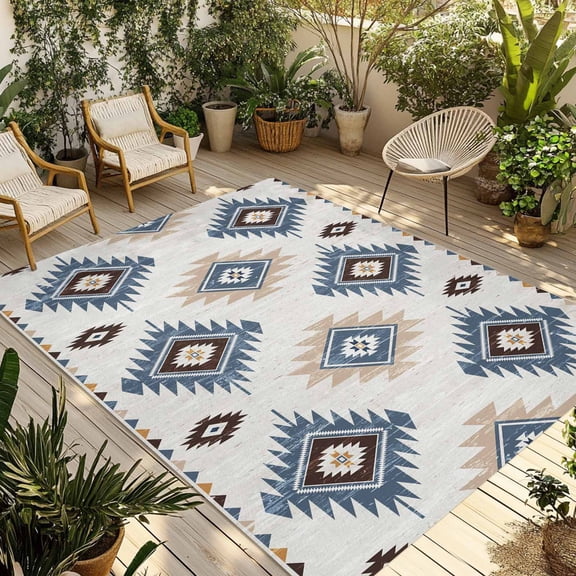 Blue Aztec Outdoor Rug 6x9 Ft - Reversible Patio Rug Outdoor Camping Rugs, Southwest Boho Tribe Abstract Geometric Art Washable Indoor Outdoor Area Rugs, Non-Slip Outdoor Carpet Runner for Deck/Porch