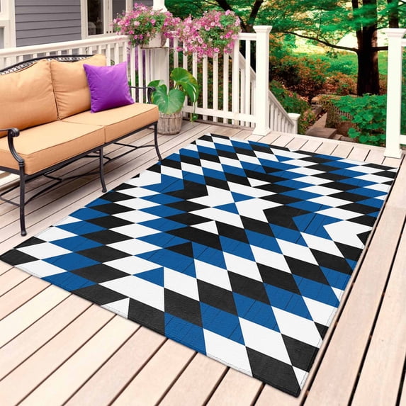 Blue Aztec Outdoor Rug for Patio/Deck/Porch, Non-Slip Large Area Rug 5 x 8 Ft, Black White Southwest Vintage Abstract Geometric Indoor Outdoor Rugs Washable Area Rugs, Camping Rug Carpet Runner