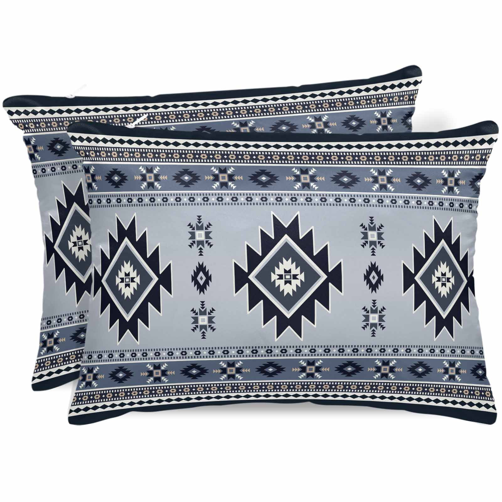 Blue Aztec Pillow Cases King Size Set of 2, Smooth Satin Pillowcase for Hair and Skin, Boho Southwest Farmhouse Ethnic Motifs Decorative Cooling Bed Pillow Covers with Zipper, 20x36 Inches