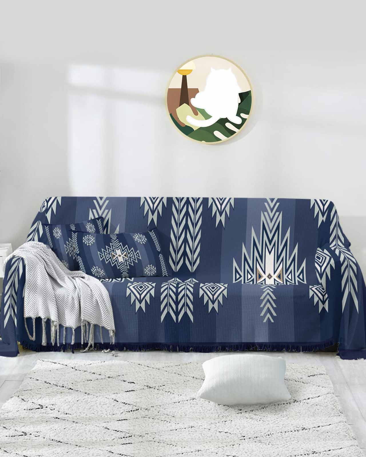 Blue Aztec Sofa Couch Covers for 3 Cushion Couch,Washable L Shape Sectional Sofa Covers for Loverseat,Abstract Geometric Tribal Native Vintage American Slipcover Throw Blanket Futon Cover 71x134