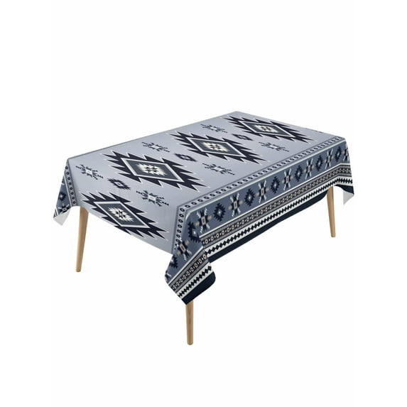 Blue Aztec Table Cloth, Boho Southwest Farmhouse Ethnic Motifs Waterproof Tablecloth for Rectangle Tables, Reusable Washable Fabric Table Cover for Restaurant Kitchen Dining Tables 60"x120"
