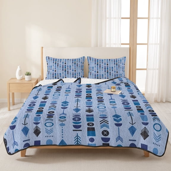 Blue Aztec Tribal Arrows 3 Pieces Quilt Set,1 Quilt with 2 Shams,Southwestern Geometric Art Bedspread Soft Lightweight Bedding Coverlet Comforter Set for All Season 96"x106"