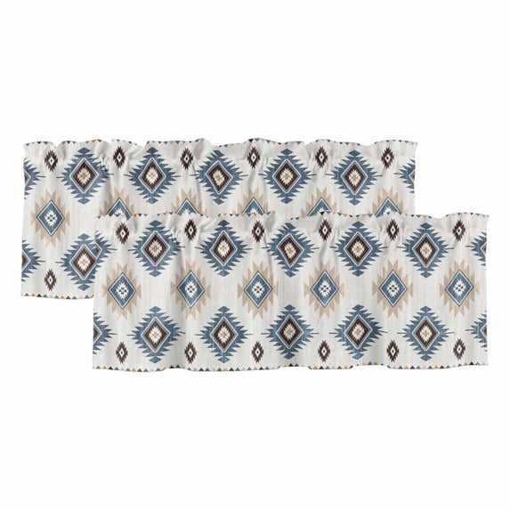Blue Aztec Valances for Windows, Southwest Boho Tribe Abstract Geometric Art Light Filtering Kitchen Curtains, Rod Pocket Window Valance Curtains for Living Room Bedroom, 42" W x 12" L, 2 Panels