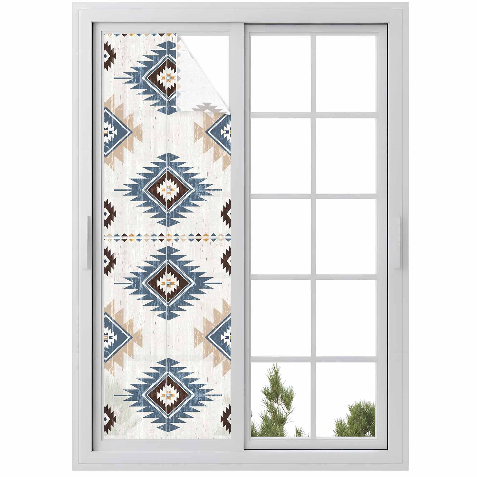 Aztec Window Blue Aztec Window Privacy Film, Southwest Boho Tribe Abstract Geometric ...