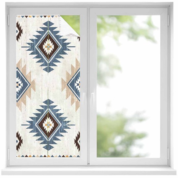 Blue Aztec Window Privacy Film, Southwest Boho Tribe Abstract Geometric Art Static Cling UV Sun Blocking Heat Control Window Tint, Non-Adhesive One Way Windows Privacy Cover 17.7''x39.3''