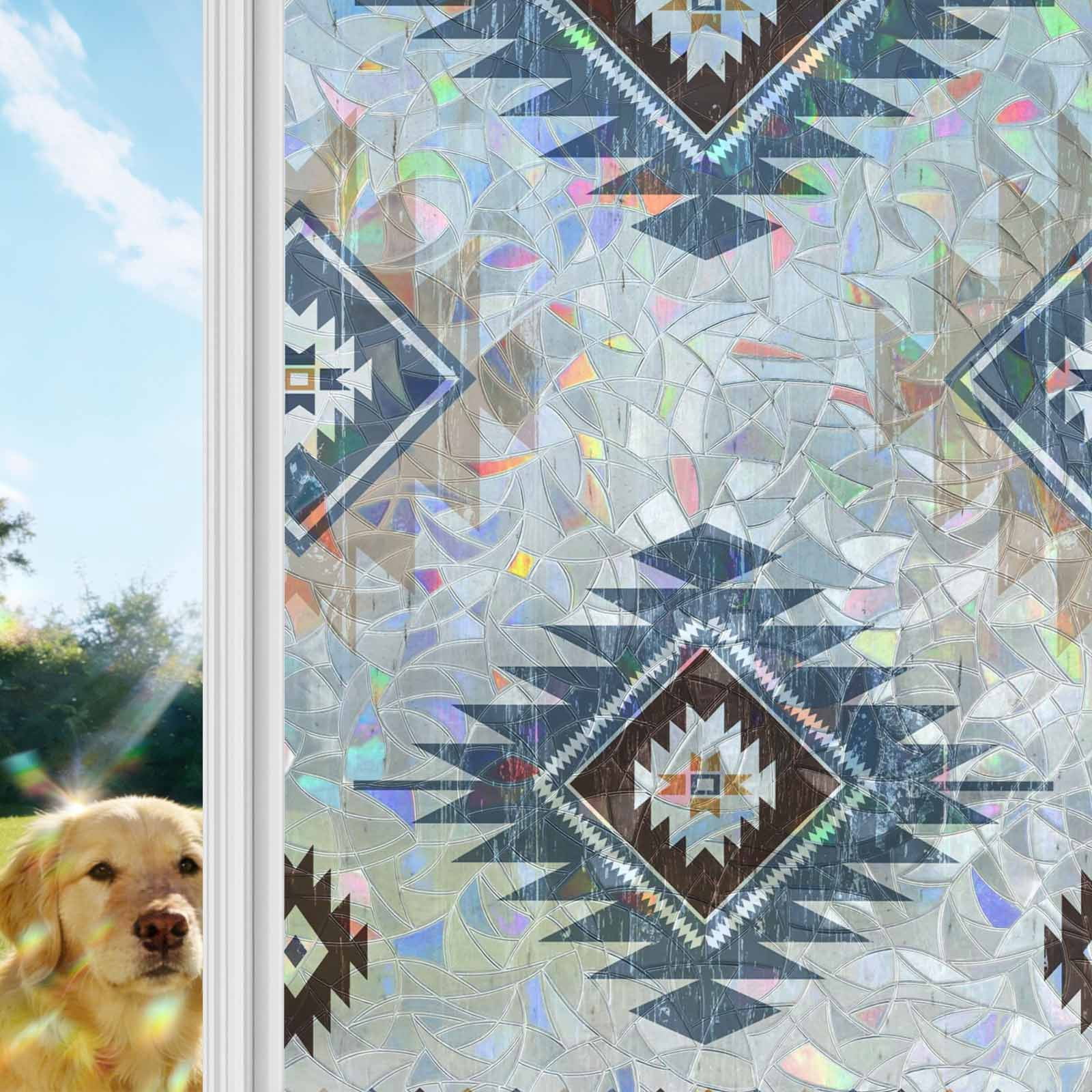 Blue Aztec Window Privacy Film Stain Glass,Reusable Decorative Rainbow Window Film,Southwest Boho Tribe Abstract Geometric Art Static Cling Sun Blocking Stickers Decals Covers 29.5" x 118" (2pcs)